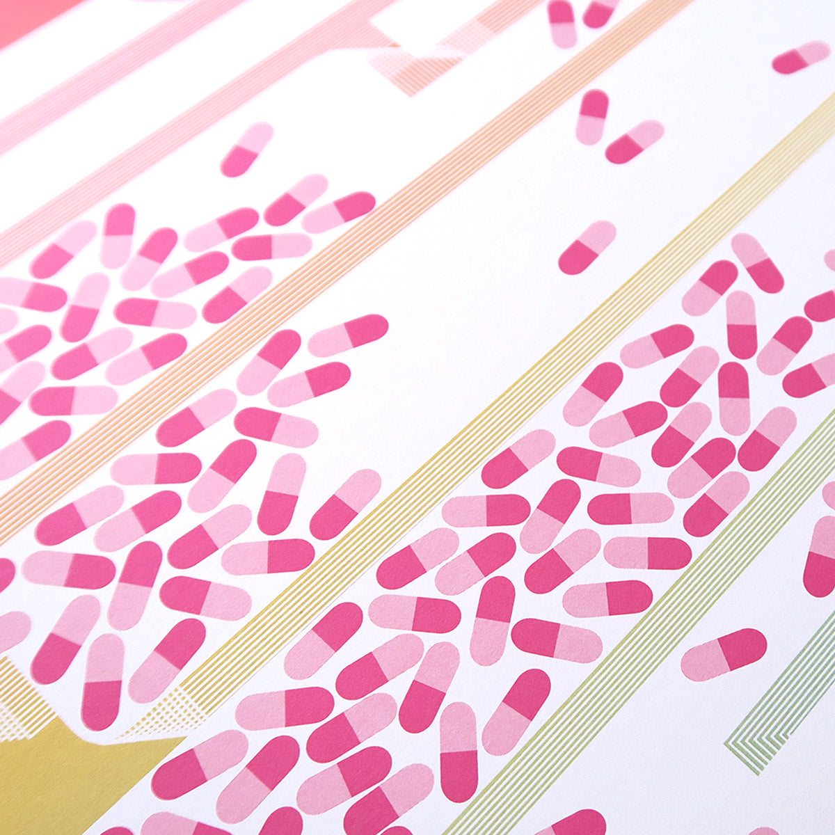 Happy Little Pill is a pop art print that is comprised of an ombre of red, yellow, and turquoise. It has pills in the centre of each letter, where the letter is knocked out white. The pills are pink and magenta.