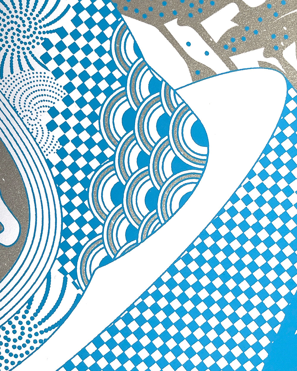 Close up of blue and silver shapes.