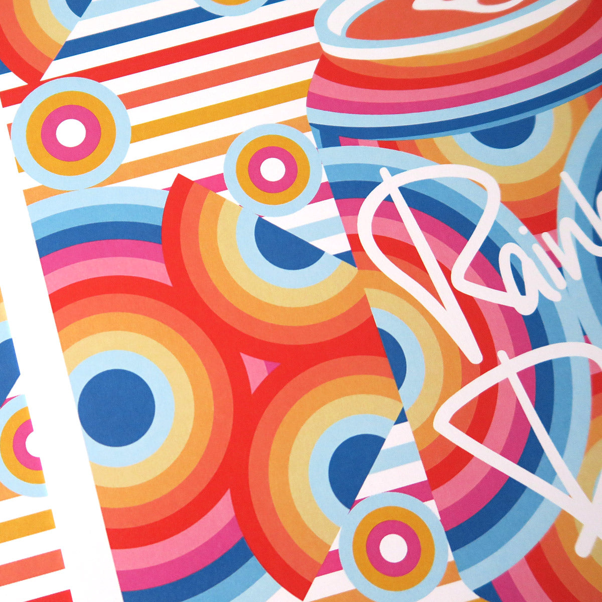 Rainbow Dew is a pop art print that has a multitude of colours. Red, blue, yellow, magenta, sun flower yellow. There are concentric circles that are arranged in a radial way with a drink can in the centre.