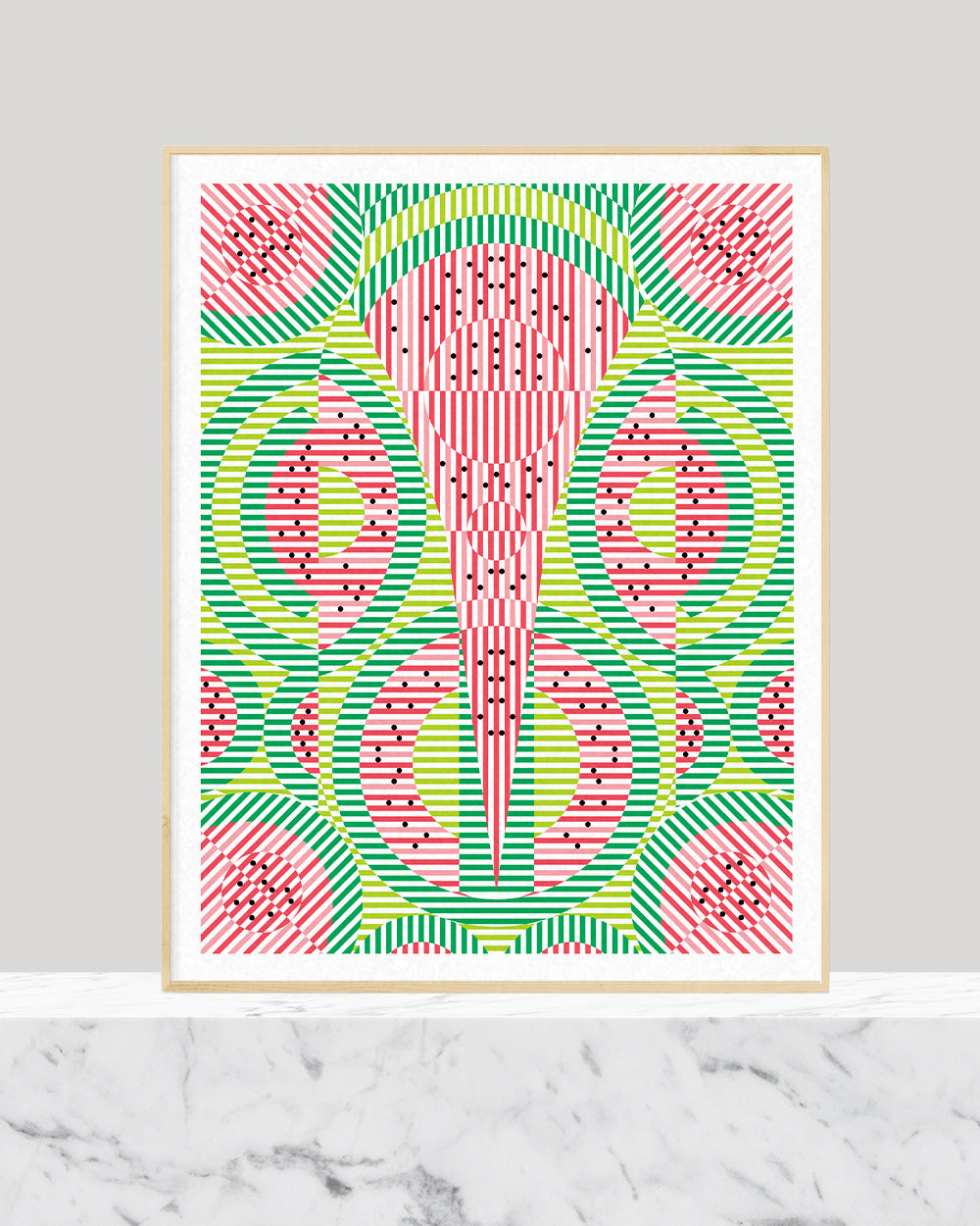 Framed print with pixel representation of water melon slices.