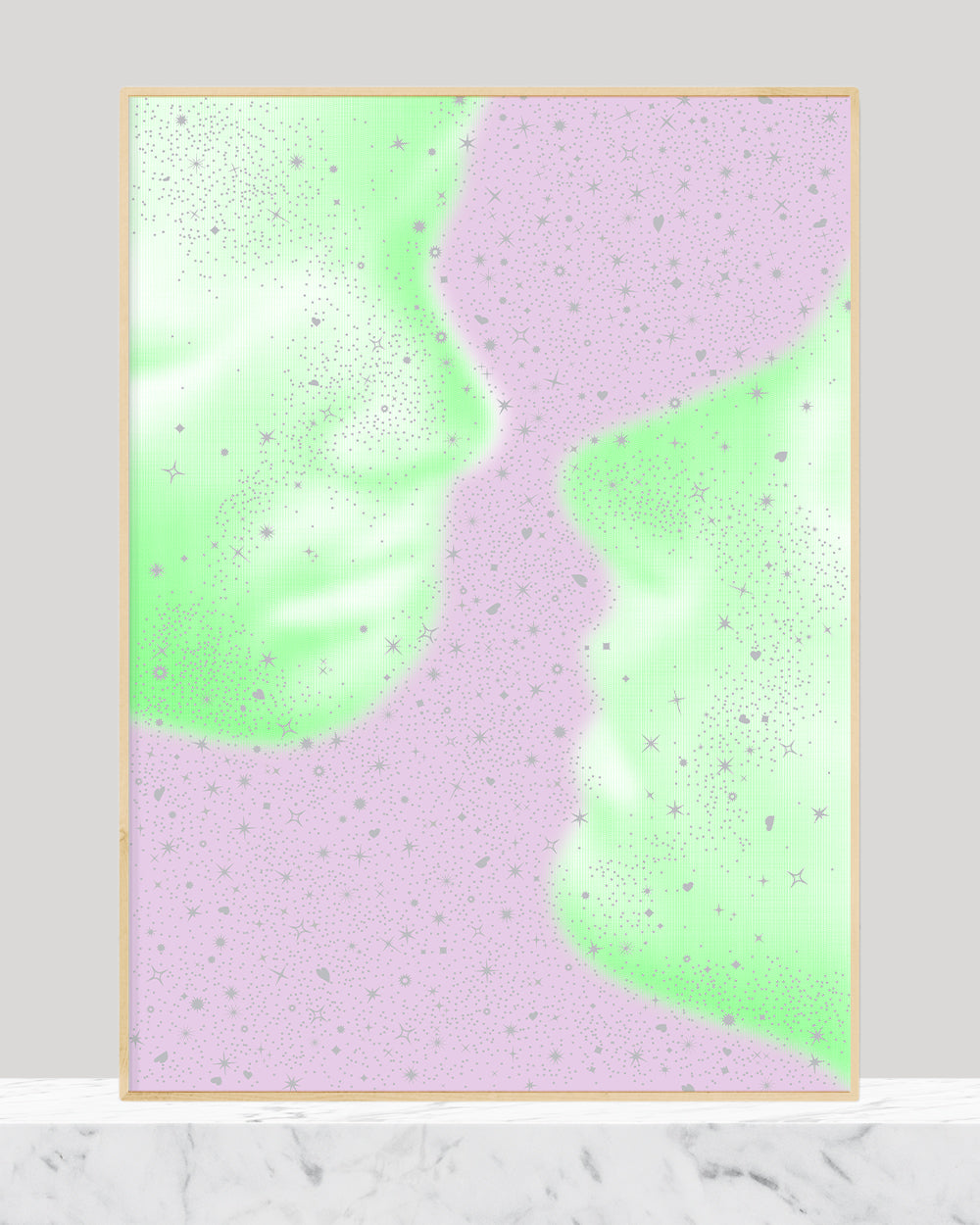 A framed print with two large fluorescent genderless faces that are about to kiss. Lavender represents the space between the two faces and silver stars are cast over the entire piece of art.