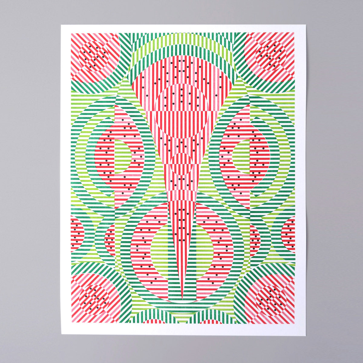 This print is called Watermelon. It has lime green, green, red, and black. The black dots are the seeds and it's an abstract representation of watermelon.