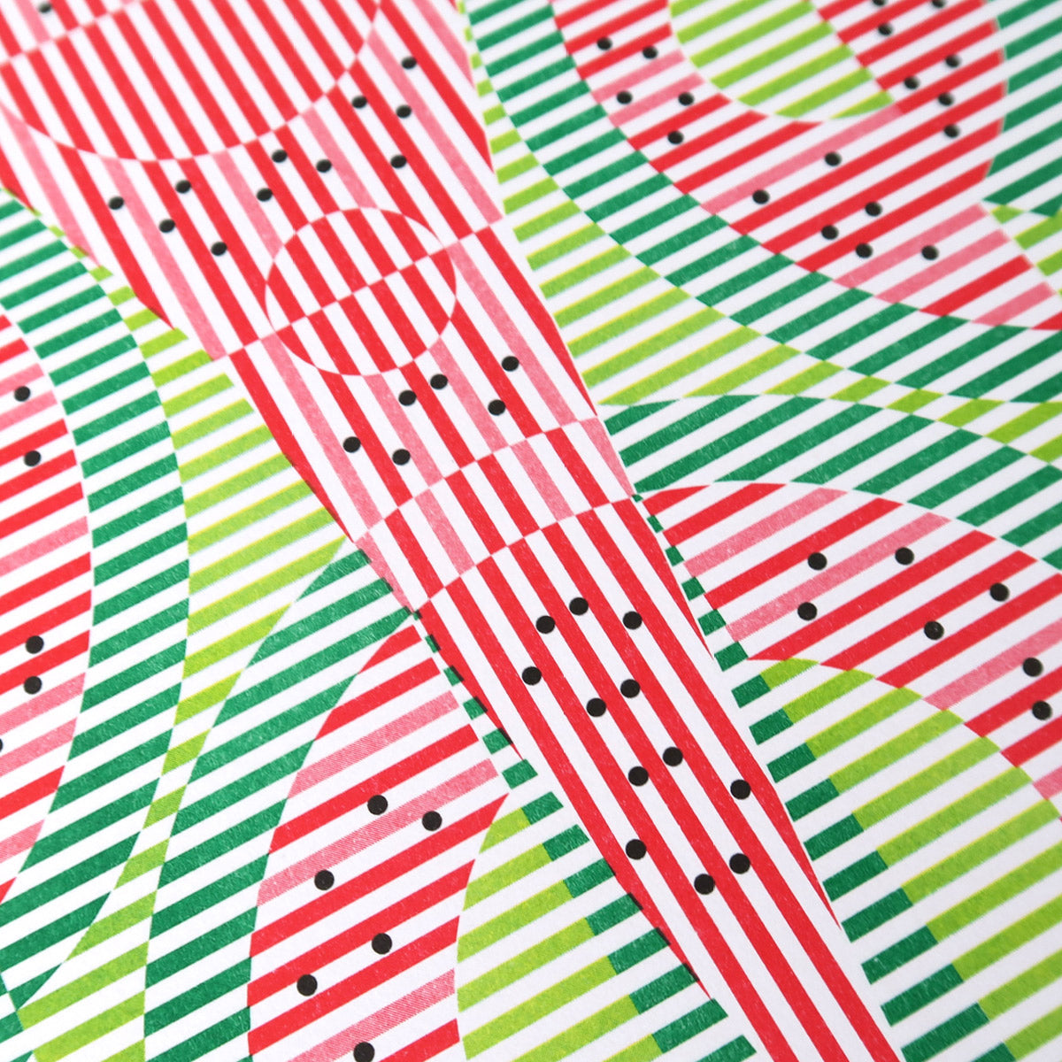 This print is called Watermelon. It has lime green, green, red, and black. The black dots are the seeds and it's an abstract representation of watermelon.
