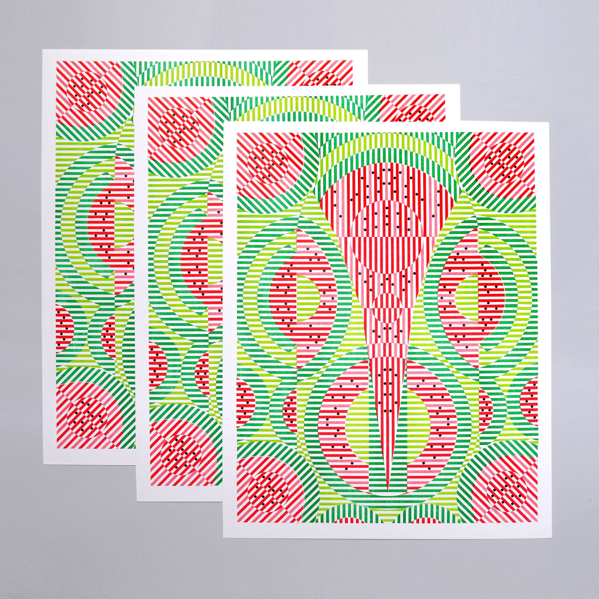 This print is called Watermelon. It has lime green, green, red, and black. The black dots are the seeds and it's an abstract representation of watermelon.