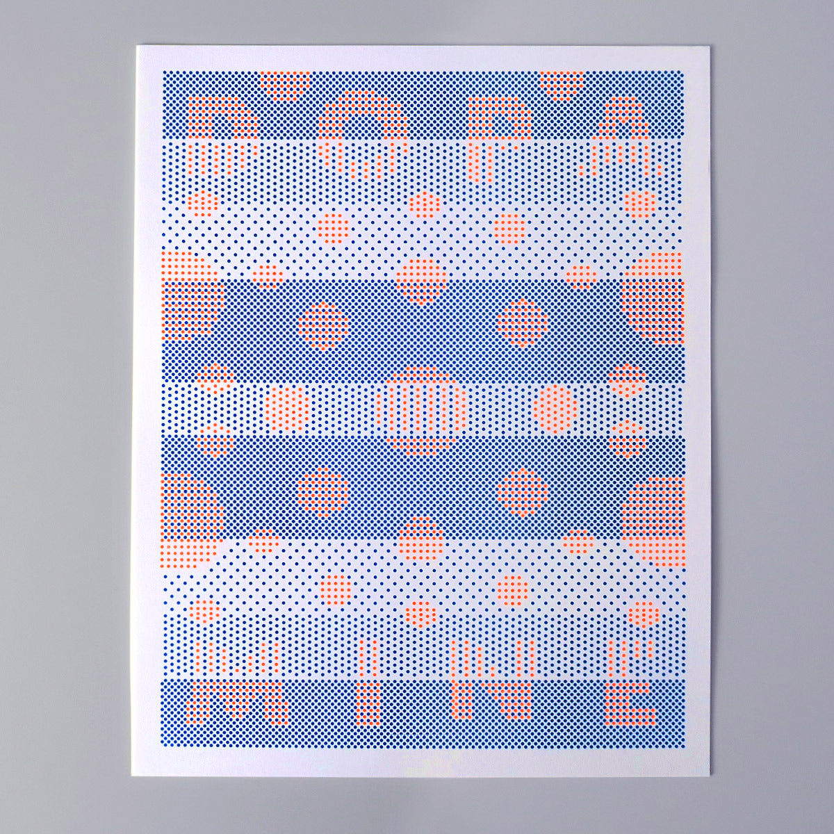 Dopamine High is a pop art print that is made up of many dots in fluorescent orange and blue. It has radial circles made of these small dots like pixels in an image. The letters that spell out DOPAMINE are also made up of small dots. It plays on Gestalt theories about how the organized whole is perceived as more than the sum of its parts.