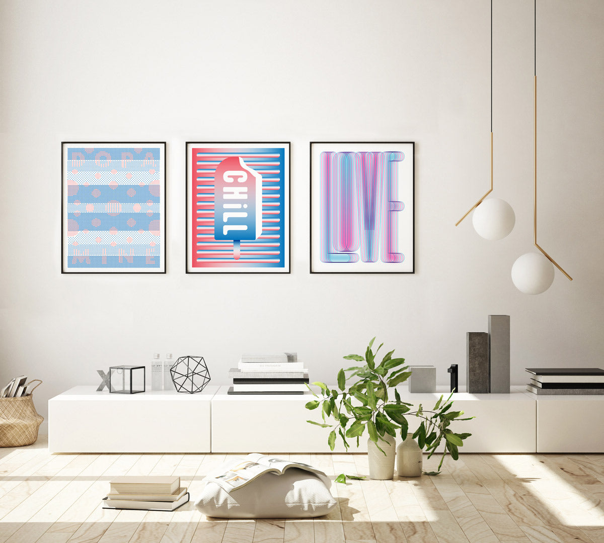 Modern room with three framed prints hung on the wall.