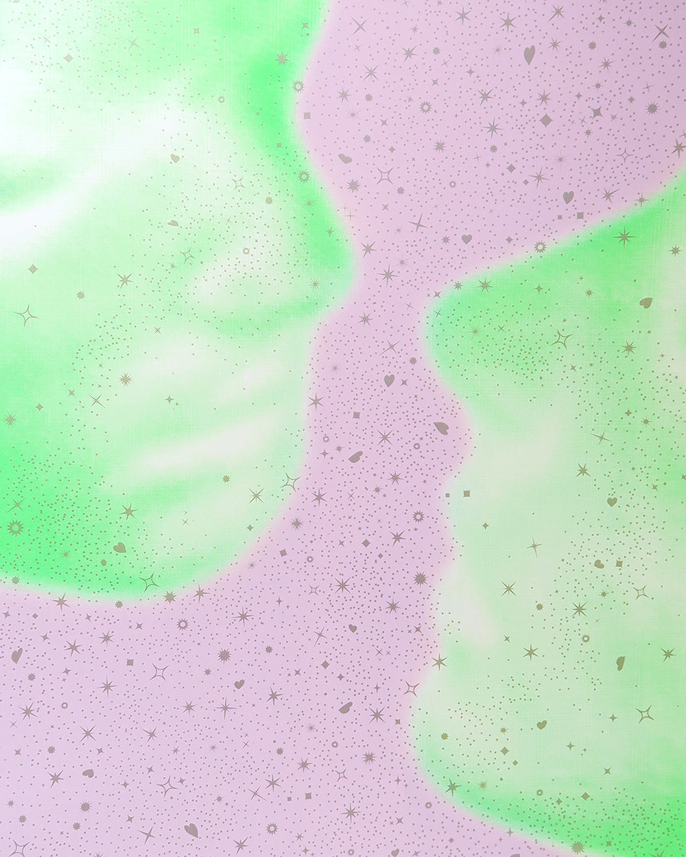 A close up of two large fluorescent genderless faces that are about to kiss. Lavender represents the space between the two faces and silver stars are cast over the entire piece of art.