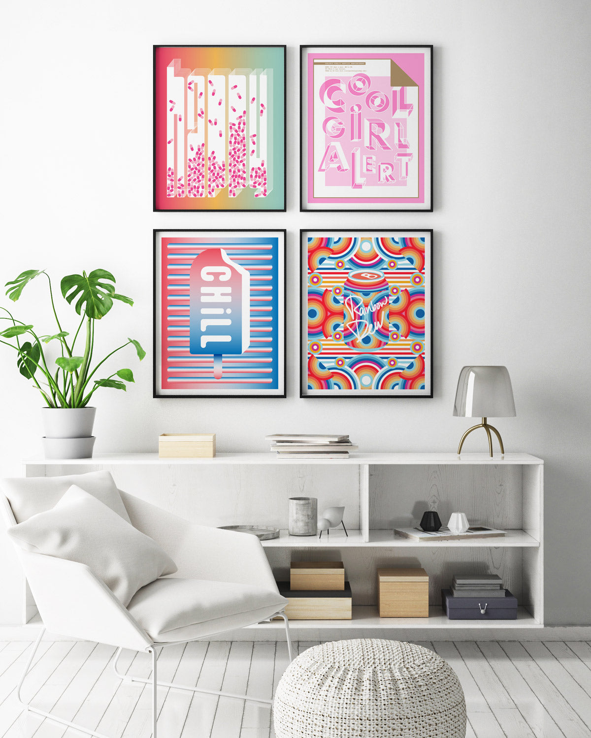 A modern living space with four framed prints.