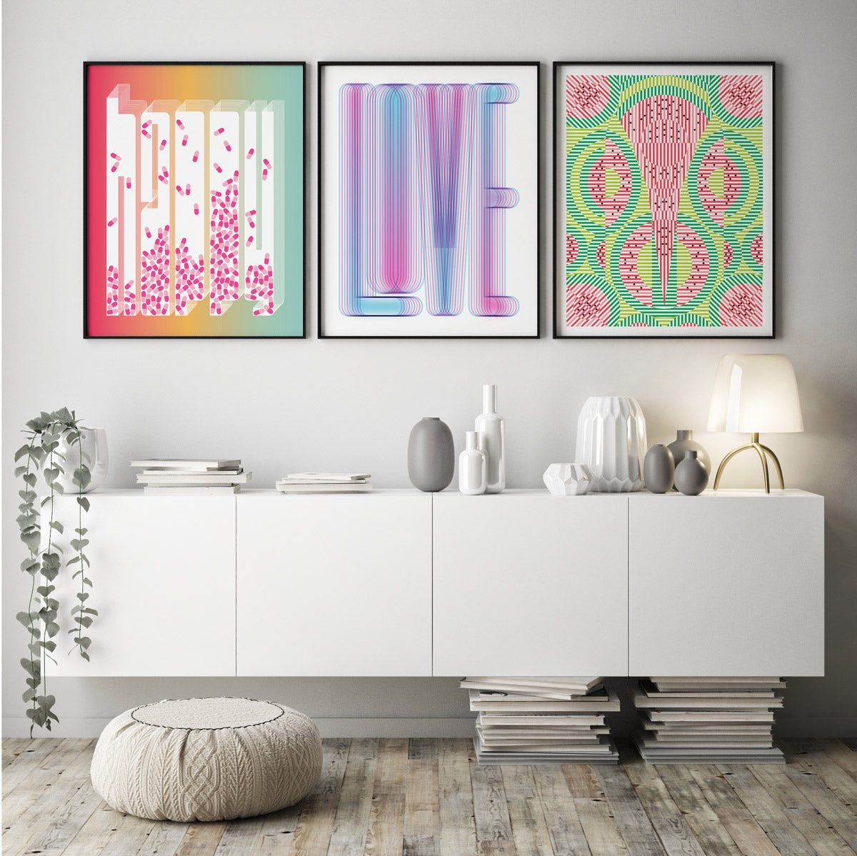 Modern living space with three framed prints