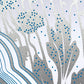 Close up of metallic silver florals and blue dots.