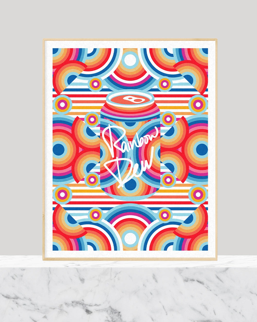 Framed print of a multicoloured soda can and shapes surrounding the composition.