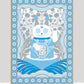 Framed print of a lucky cat figure with chinoiserie elements done in metallic silver and cobalt blue.