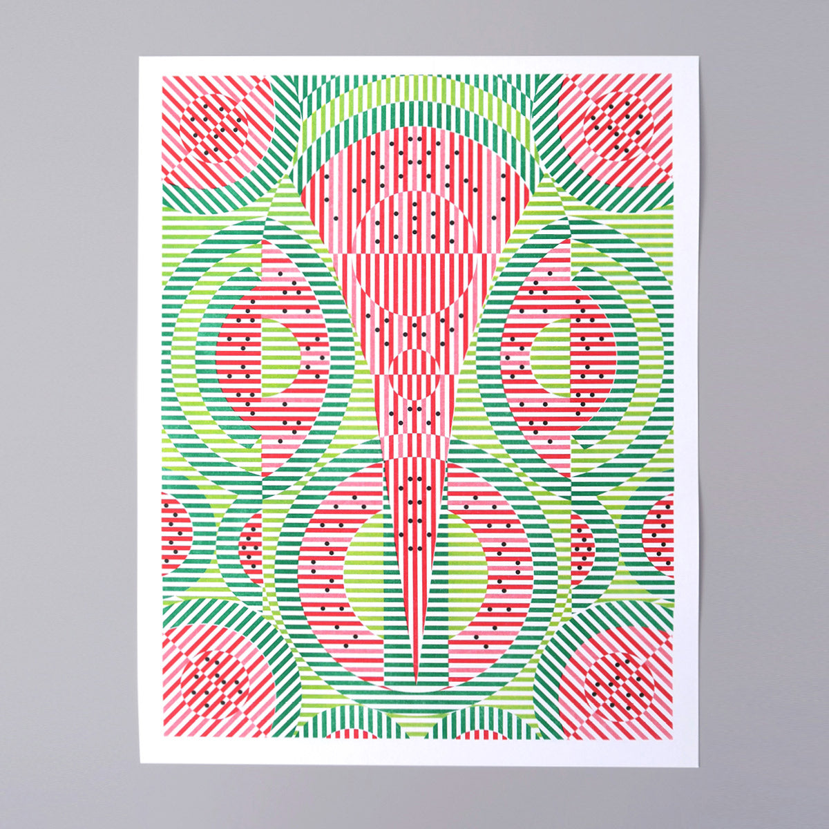 This print is called Watermelon. It has lime green, green, red, and black. The black dots are the seeds and it's an abstract representation of watermelon. 